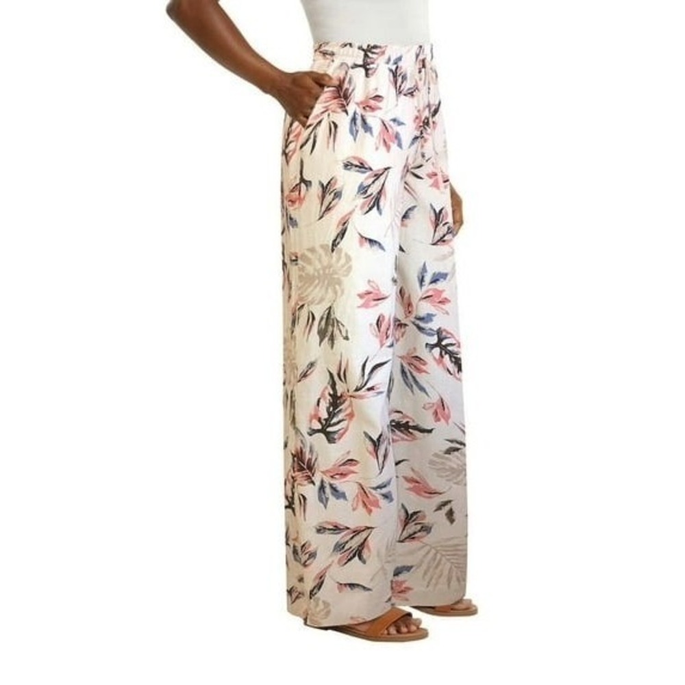 Briggs women L wide leg pants linen blend leaf print palazzo pants retro resort